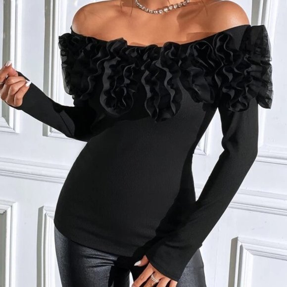 Black Off The Shoulder Off Shoulder Ruffle Trim Tee - Picture 3 of 4
